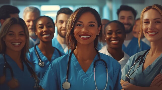 Smiling Diverse Medical Professionals in Blue Scrubs