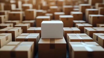 Obraz premium minimalist composition with a single white box surrounded by numerous cardboard boxes clean lines and stark contrast create a visually striking arrangement