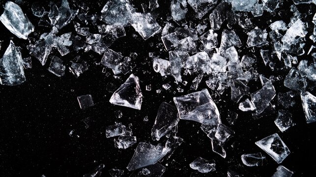 Ice, crushed on black background. Shards of crushed ice spreading away. The explosion of ice.