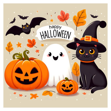 Happy Halloween illustration with pumpkin, ghost, black cat and bats. reeting card in flat style.