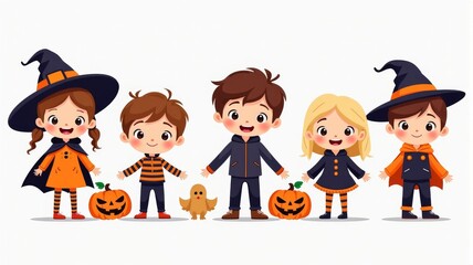 Cute Kids in Halloween Costumes with Pumpkins and Ghosts Illustration - Perfect for Halloween Party Invitations and Decorations