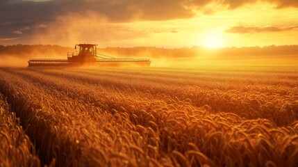 Obraz premium Combine Harvester Working in a Field of Wheat at Sunset