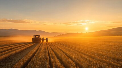 Obraz premium Tractor and Two Figures Silhouetted Against Sunset in a Field