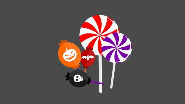 Colorful Halloween-themed cand Lollipops with Pumpkin, Skull, and Bat Designs in Spooky Animation for Holiday and Horror Concepts. 4K Video Animation Perfect for Halloween and Creative Visual Projects