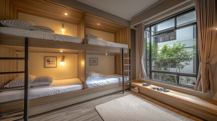  Cozy bunk beds in a bright, modern room with large window overlooking greenery, providing warmth, comfort, and a peaceful environment for rest.