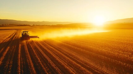 Fototapeta premium Tractor Harvesting Crops in a Golden Sunset Field