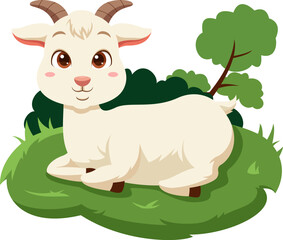 Cute happy goat sit on grassland cartoon