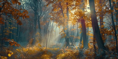 Fototapeta premium Panoramic View of Lush Forest with Vibrant Autumn Colors and Sunlight Streaming Through Trees