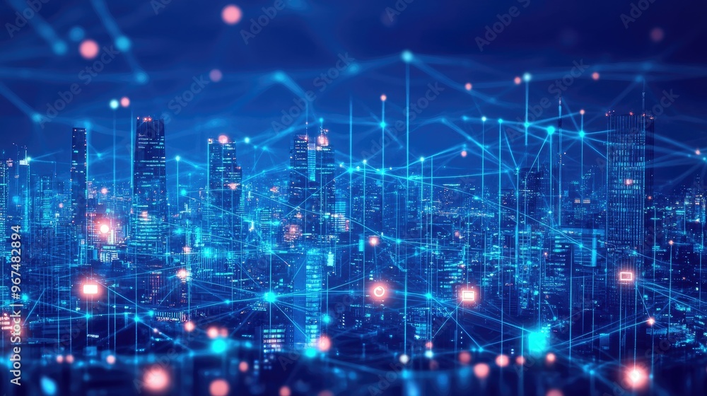 Poster internet speed data communication connection network frame modern industrial skyline city structure,