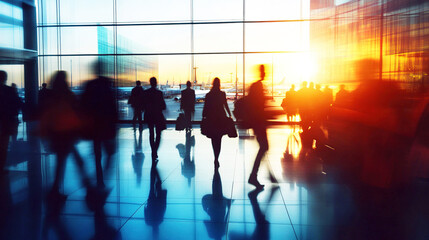 silhouette of business people walking in the airport terminal