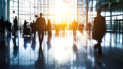 silhouette of business people walking in the airport terminal