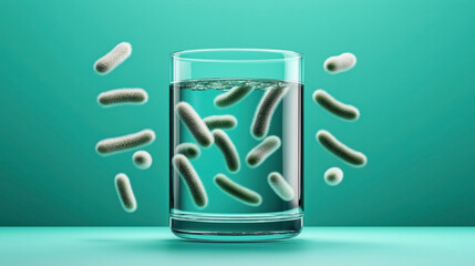 Obraz premium Conceptual image showing bacteria or microorganisms in a glass of water against a teal background, depicting contaminated drinking water or bacteriological studies.
