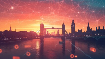 Naklejka premium London and river Thames at sunset. Illustration with communication and business icons, network connections concept.