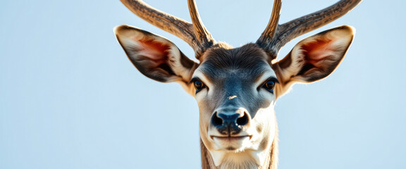 Fototapeta premium Close-up of a Deer's Face Against a Light Blue Sky