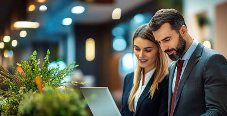 Young adult  business couple checking out.
