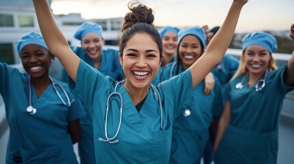 Group of Diverse Female Nurses in Scrubs Raise Hands in Celebration