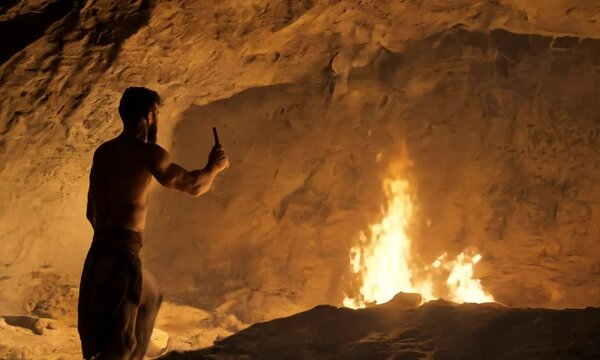 Primitive Artist: A man creating art on a cave wall lit by a fire