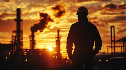 Fototapeta premium Silhouette of a Worker at a Refinery During Sunset