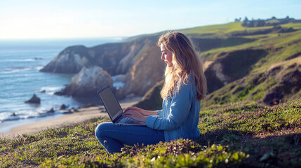 Young woman works on laptop at coastal viewpoint.