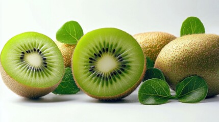 Fototapeta premium A green kiwi is cut in half and surrounded by leaves