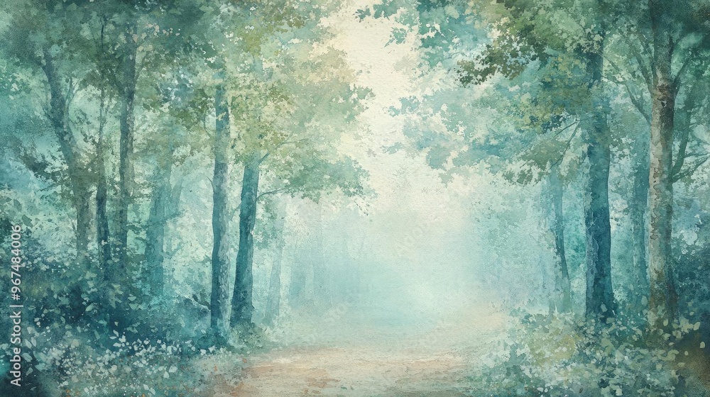 Poster serene forest scene with soft light filtering through misty trees, evoking tranquility and peace in 