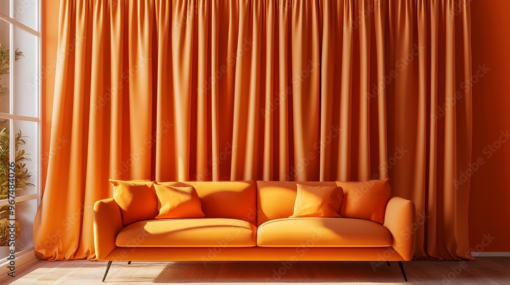Poster 3d render of a minimalistic orange living room with a sofa and a window with curtains