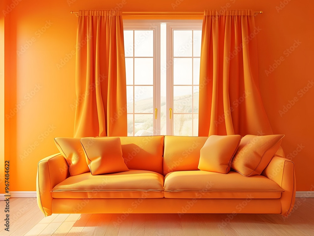 Poster 3d render of a minimalistic orange living room with a sofa and a window with curtains