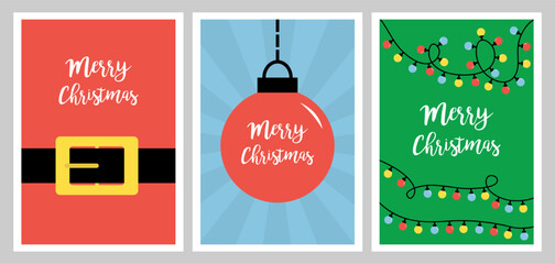 Merry Christmas Greeting card Invitation Poster set. Christmas lights glowing lightbulb garland. String fairy light. Santa Claus belt buckle. Christmas ball toy. Flat design Colorful background Vector