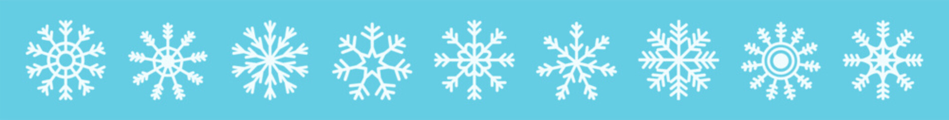 White snowflake icon set line. Cute funny snow flake winter sign symbol template. Different shape. Snowflakes collection. Childish style. Flat design. Isolated. Blue background. Vector illustration