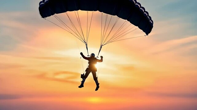 A silhouette of a parachutist gliding through the sky at sunset