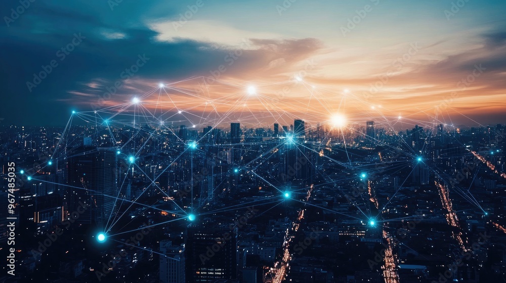 Poster network connection line between building over of cityscape background network and connection concept