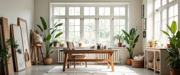 Fototapeta premium Sunlit Artist's Studio with Large Windows and Natural Light