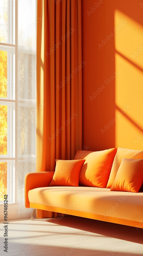 Poster 3d render of a minimalistic orange living room with a sofa and a window with curtains