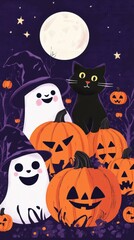 Fototapeta premium A delightful Halloween-themed illustration showcases friendly ghosts, a black cat, and spooky pumpkins glowing under the moonlight