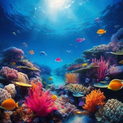 coral reef with fish, Coral Reef Panorama with Diverse Fish and Sea Creatures" coral reef with fish and coral