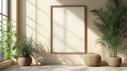 Fototapeta premium minimalist poster frame mockup in empty interior beige walls with subtle texture soft shadows creating depth