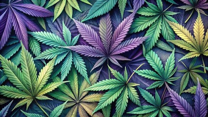 Background wallpaper featuring detailed cannabis leaves in various shades of green and purple