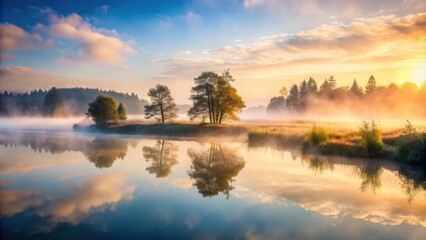 Fototapeta premium Misty morning in a serene landscape surrounded by fog , fog, mist, serene, landscape, nature, tranquil, hazy, ethereal