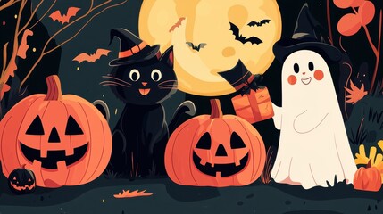 Enjoy a delightful Halloween vector collection with a playful black cat, a cheerful ghost, and carved pumpkins under a full moon