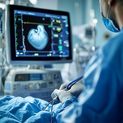 Precision in the Operating Room: A skilled surgeon meticulously monitors vital signs on a high-tech medical monitor during a critical surgical procedure. 