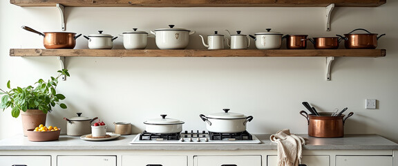 Copper and Enamel Pots on Rustic Kitchen Shelf