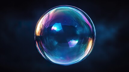 a shiny bubble with a smooth iridescent surface reflecting various colors isolated on a dark background