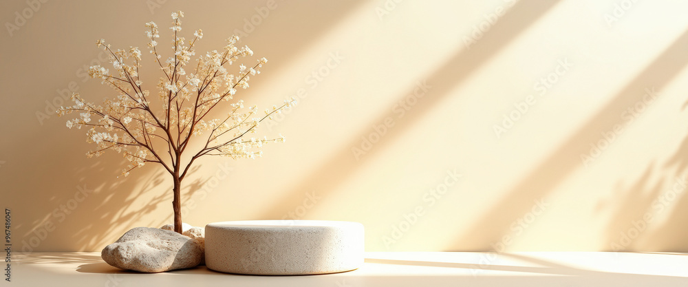 Poster Minimalist Product Display with White Flowers and Stone