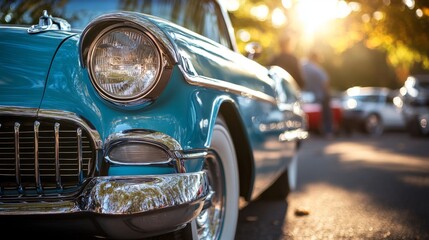 Vintage Blue Car with Chrome Details in Sunlit Setting