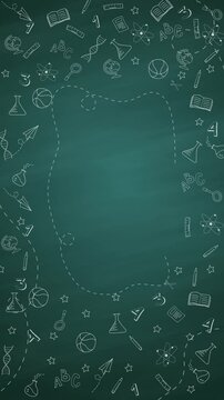 Different school supplies and stationery on green frame chalkboard. Back to school concept. Background with text space. Loop animation. Vertical video.