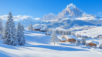 Beautiful Christmas postcard from the Alpe di Siusi village in Italy. The snow-capped Plattkofel peak is in the background. The Dolomites Alps create a breathtaking winter scene.