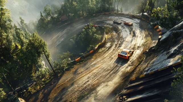 Rally Cars Race Through a Winding Mountain Road