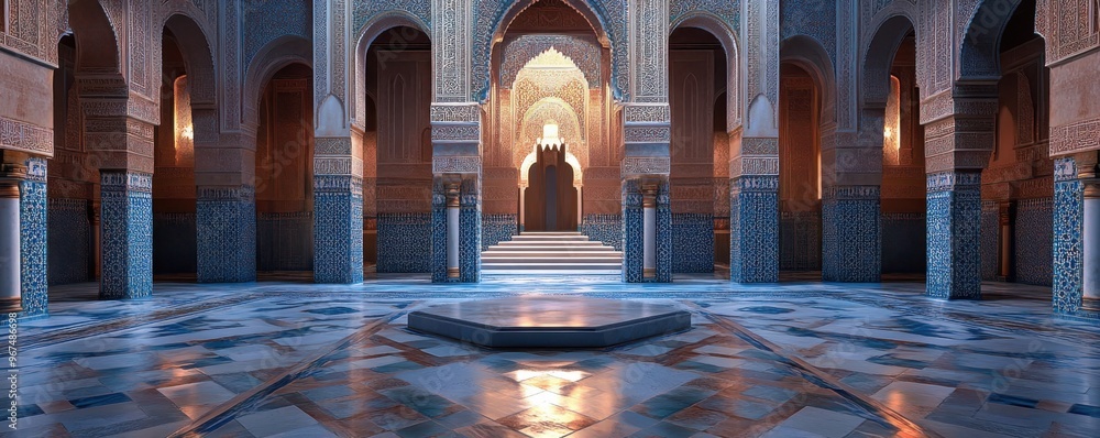 Poster intricate alhambra-style arabesque pattern in an elegant architectural space with ornate columns and