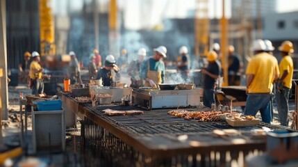 Construction Workers Enjoying a Barbecue Lunch at a Construction Site