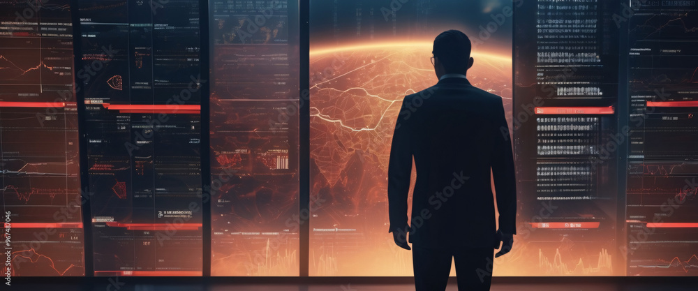 Poster master of the metaverse: a lone figure commands a futuristic control room, silhouetted against a pan